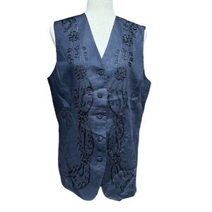 Valerie Stevens VTG Linen Dark Navy Blue Vest Size 10 Embroidered Artsy Folk